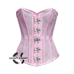 Baby Pink Satin Mesh Front Clasps Overbust Corset