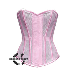 Baby Pink Satin Mesh Front Closed Overbust Corset