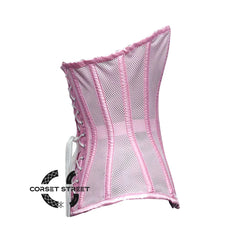 Baby Pink Satin Mesh Front Closed Overbust Corset