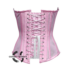 Baby Pink Satin Mesh Front Closed Overbust Corset