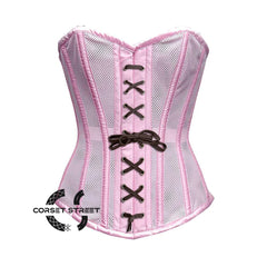 Baby Pink Satin Mesh Front Brown Lace Overbust Corset