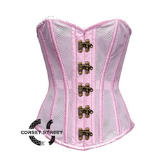 Baby Pink Satin Mesh Front Antique Clasps Overbust Corset