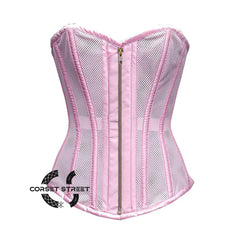 Baby Pink Satin Mesh Front Antique Zipper Overbust Corset