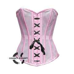 Baby Pink Satin Mesh Front Black Ribbon Overbust Corset