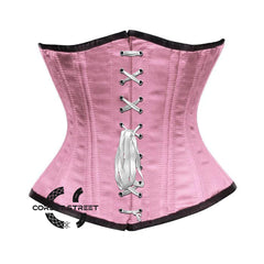 Baby Pink Satin Double Bone Front White Ribbon Gothic Underbust Bustier Corset