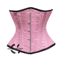 Baby Pink Satin Double Bone Front Silver Zipper Gothic Underbust Bustier Corset