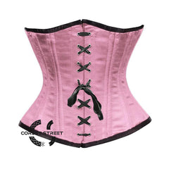 Baby Pink Satin Double Bone Front Black Ribbon Gothic Underbust Bustier Corset