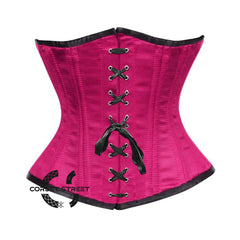 Royal Pink Satin Double Bone Front Black Ribbon Gothic Underbust Bustier Corset