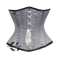 Grey Satin Double Bone Front White Ribbon Gothic Underbust Bustier Corset