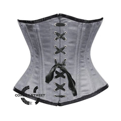 Grey Satin Double Bone Front Black Ribbon Gothic Underbust Bustier Corset
