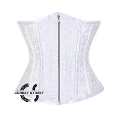 White Brocade Double Bone Front Silver Zipper Gothic Underbust Bustier Corset