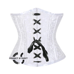 White Brocade Double Bone Front Black Ribbon Gothic Underbust Bustier Corset