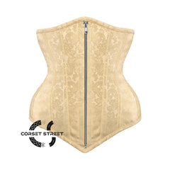 Ivory Brocade Long V Shape Front Silver Zipper Gothic Underbust Bustier Corset