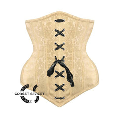 Ivory Brocade Long V Shape Front Black Ribbon Gothic Underbust Bustier Corset