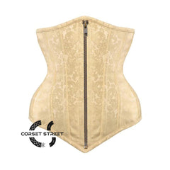 Ivory Brocade Long V Shape Front Antique Zipper Gothic Underbust Bustier Corset