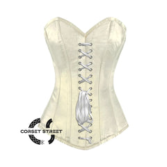 Ivory Satin Long Burlesque Front White Ribbon Overbust Corset
