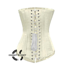 Ivory Satin Long Burlesque Front Busk Overbust Corset