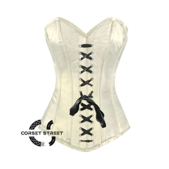 Ivory Satin Long Burlesque Front Black Ribbon Overbust Corset