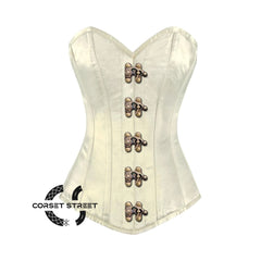 Ivory Satin Long Burlesque Front Antique Clasps Overbust Corset