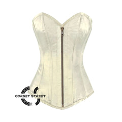 Ivory Satin Long Burlesque Front Antique Zipper Overbust Corset