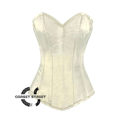 Ivory Satin Long Burlesque Front Closed Overbust Corset