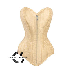 Ivory Brocade Long U Shaped Burlesque Front Silver Zipper Overbust Corset