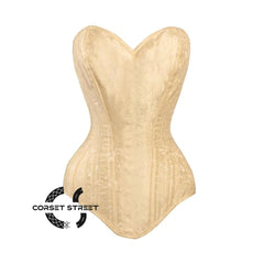 Ivory Brocade Long U Shaped Burlesque Front Closed Overbust Corset