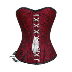 Red Brocade With Front White Ribbon Double Bone Overbust Corset