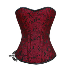 Red Brocade With Front Close Double Bone Overbust Corset