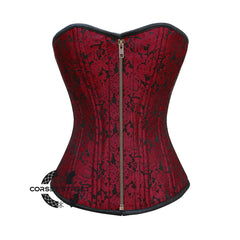 Red Brocade With Front Antique Zipper Double Bone Overbust Corset