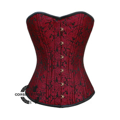 Red Brocade With Front Antique Busk Double Bone Overbust Corset