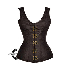 Brown Brocade Shoulder Strap Gothic With Front Antique Clasps Overbust Corset