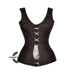 Brown Brocade Shoulder Strap Gothic With Front White Ribbon Overbust Corset