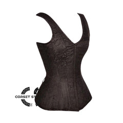 Brown Brocade Shoulder Strap Gothic With Front Close Overbust Corset