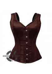 Brown Satin Shoulder Strap Gothic Burlesque Bustier Waist Training Overbust Corset Costume