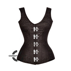 Brown Brocade Shoulder Strap Gothic With Front Silver Clasps Overbust Corset