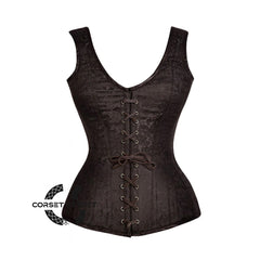 Brown Brocade Shoulder Strap Gothic With Front Brown Lace Overbust Corset
