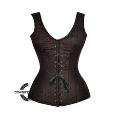Brown Brocade Shoulder Strap Gothic With Front Black Ribbon Overbust Corset