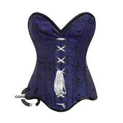 Blue Brocade Gothic With Front White Ribbon Overbust Corset
