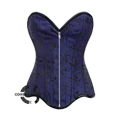 Blue Brocade Gothic With Front Zipper Overbust Corset
