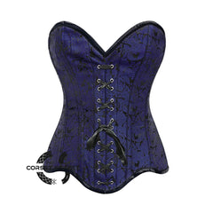 Blue Brocade Gothic With Front Black Ribbon Overbust Corset