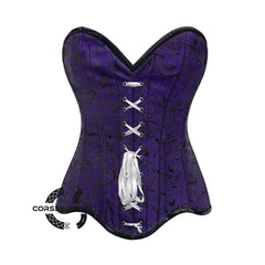 Purple Brocade Gothic With Front White Ribbon Overbust Corset