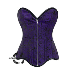 Purple Brocade Gothic With Front Silver Zipper Overbust Corset