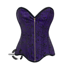 Purple Brocade Gothic With Front Antique Zipper Overbust Corset
