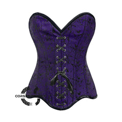 Purple Brocade Gothic With Front Black Ribbon Overbust Corset