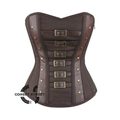 Brown Cotton Faux Leather Steampunk Overbust Corset
