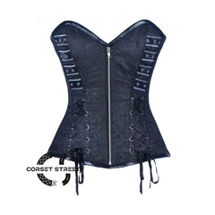 Black Brocade Black Faux Leather Antique Zipper Overbust Corset