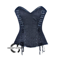 Black Brocade Black Faux Leather Front Closed Overbust Corset