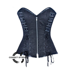 Black Brocade Black Faux Leather Silver Zipper Overbust Corset