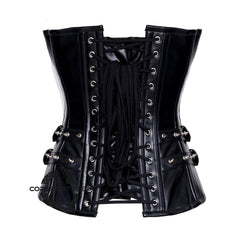 Black Faux Leather Silver Zipper Steampunk Overbust Corset